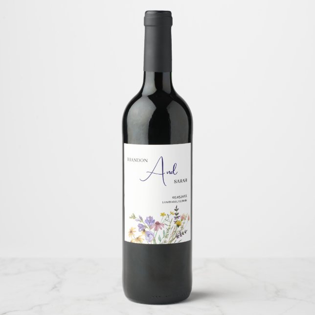Étiquette Pour Bouteilles De Vin Mariage Fleur sauvage Boho (Devant)
