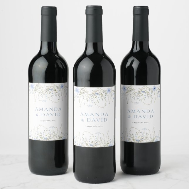 Étiquette Pour Bouteilles De Vin Mariage Fleur sauvage périphérique bleu (Bouteilles)