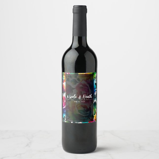 Étiquette Pour Bouteilles De Vin Mariage Fleur Vibrante Noir et Blanc Roses Arc-en- (Devant)