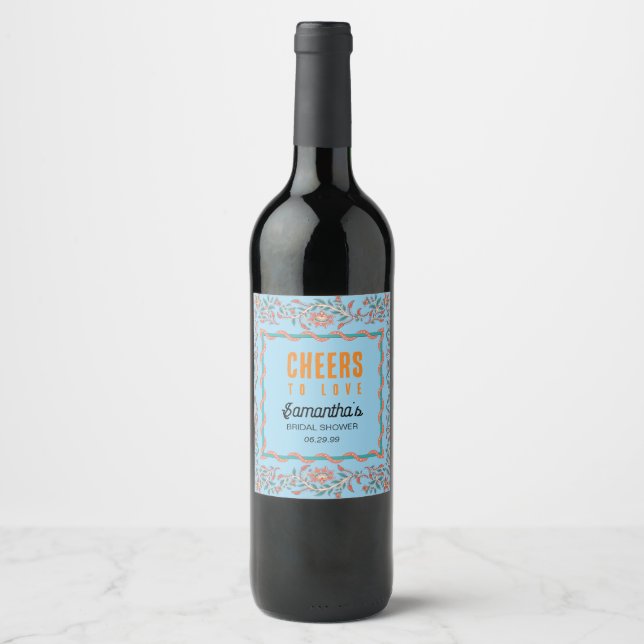Étiquette Pour Bouteilles De Vin Mariage Fleural Orange et Bleu Aqua (Devant)
