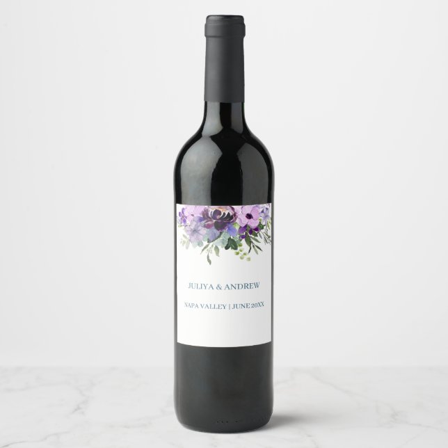 Étiquette Pour Bouteilles De Vin Mariage fleuri violet (Devant)