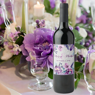 Étiquette Pour Bouteilles De Vin Mariage Fleurie Aquarelle Violette et Paillettes d