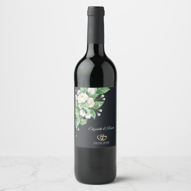 Étiquette Pour Bouteilles De Vin Mariage Fleurs Blanches (Devant)