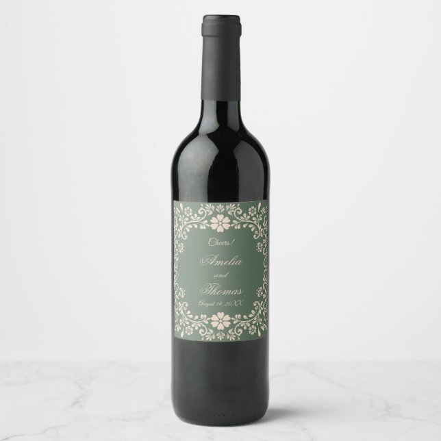 Étiquette Pour Bouteilles De Vin Mariage Fleurs d'Art Mexicain Vert Rustique  (Devant)
