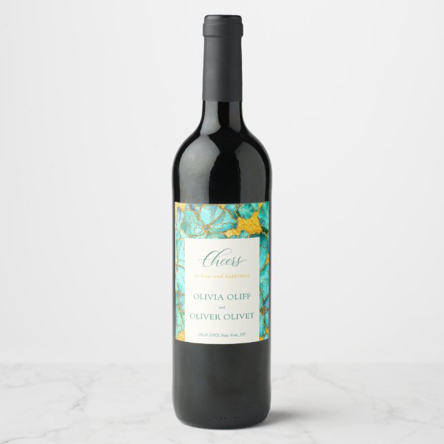 Étiquette Pour Bouteilles De Vin Mariage Fleurs turquoises (Devant)
