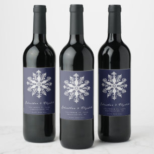 Étiquette Pour Bouteilles De Vin Mariage Flocon de Neige Minimaliste Bleu Nuit