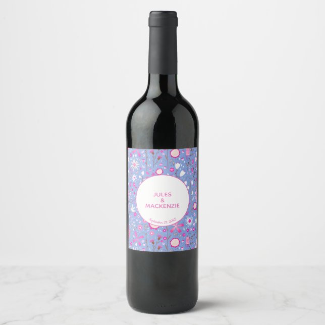 Étiquette Pour Bouteilles De Vin Mariage floral à la fleur sauvage bleue (Devant)