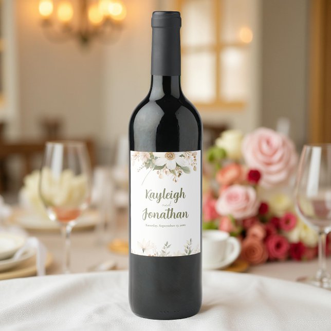 Étiquette Pour Bouteilles De Vin Mariage floral blanc moderne (Créateur téléchargé)