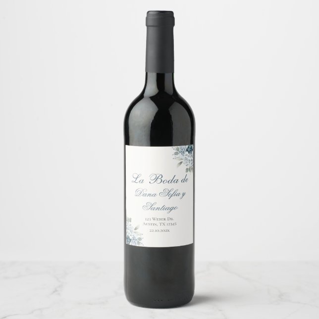 Étiquette Pour Bouteilles De Vin Mariage Floral Bleu espagnol (Devant)