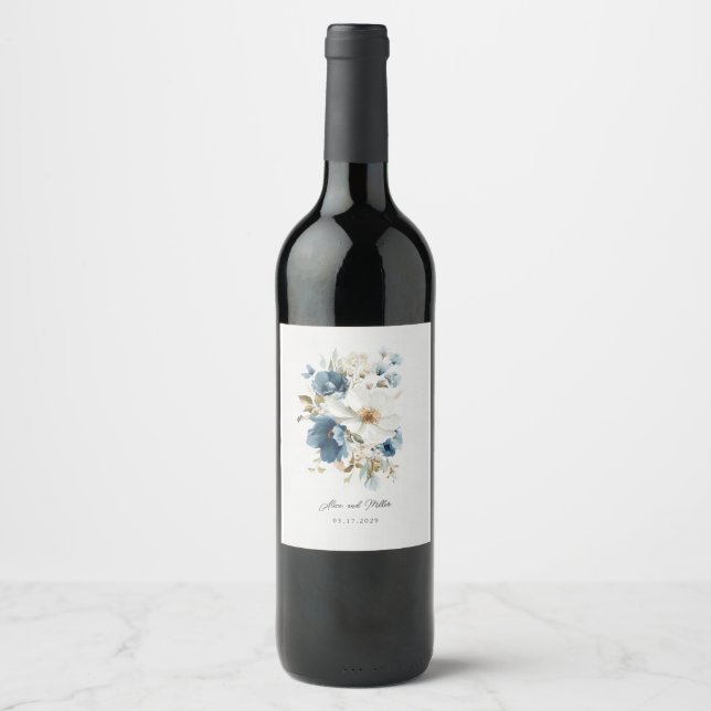 Étiquette Pour Bouteilles De Vin Mariage floral bleu et blanc (Devant)