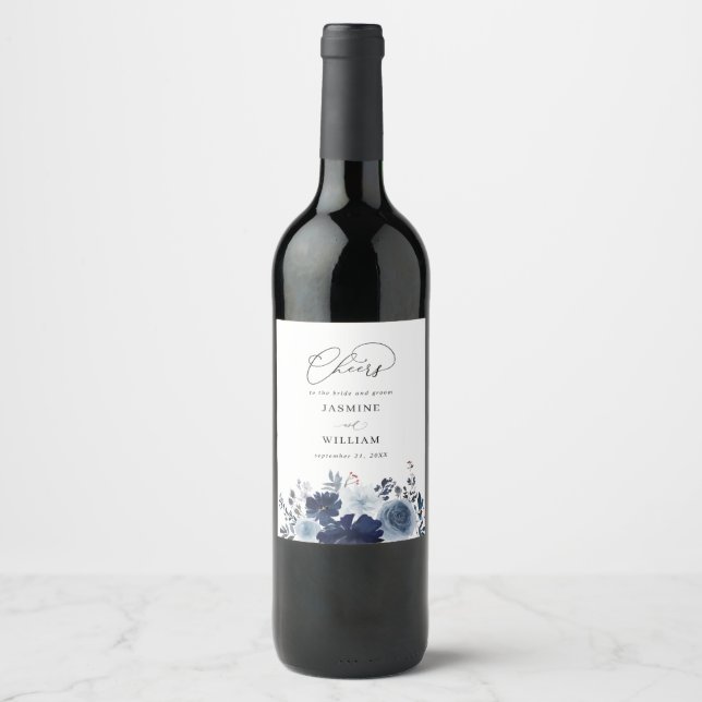 Étiquette Pour Bouteilles De Vin Mariage floral bleu et marine (Devant)