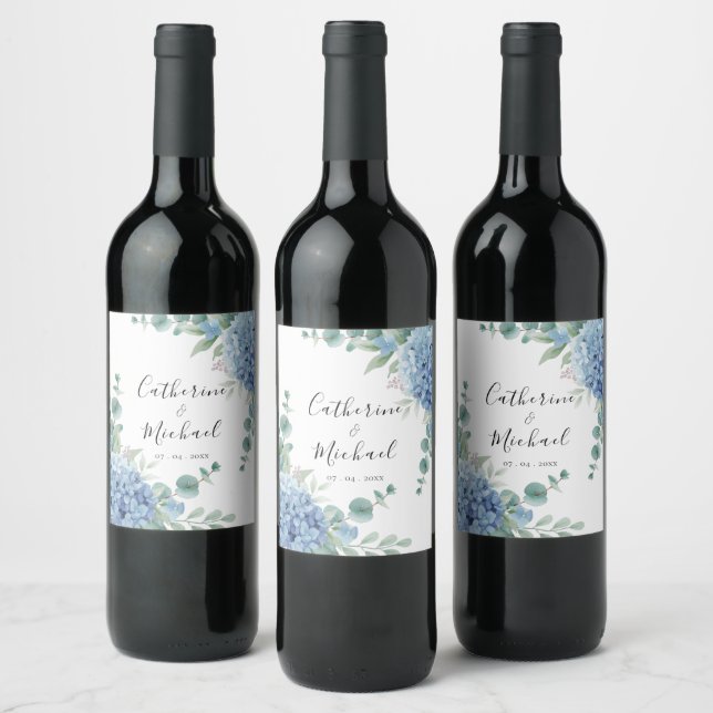 Étiquette Pour Bouteilles De Vin Mariage Floral d'Hydrangea Bleu  (Bouteilles)
