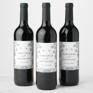 Étiquette Pour Bouteilles De Vin Mariage Floral Élégant Hydrangea Bleu Roses Blanch