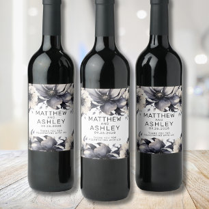 Étiquette Pour Bouteilles De Vin Mariage Floral Élégant Noir Blanc