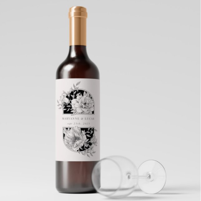 Étiquette Pour Bouteilles De Vin Mariage floral élégant noir et blanc (Créateur téléchargé)