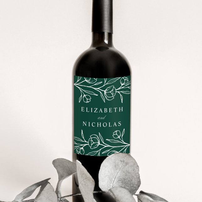 Étiquette Pour Bouteilles De Vin Mariage Floral Esquisse Vert (Créateur téléchargé)