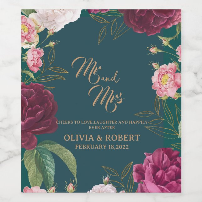 Étiquette Pour Bouteilles De Vin Mariage Floral Gold & Emerald Green (Étiquettes simples)