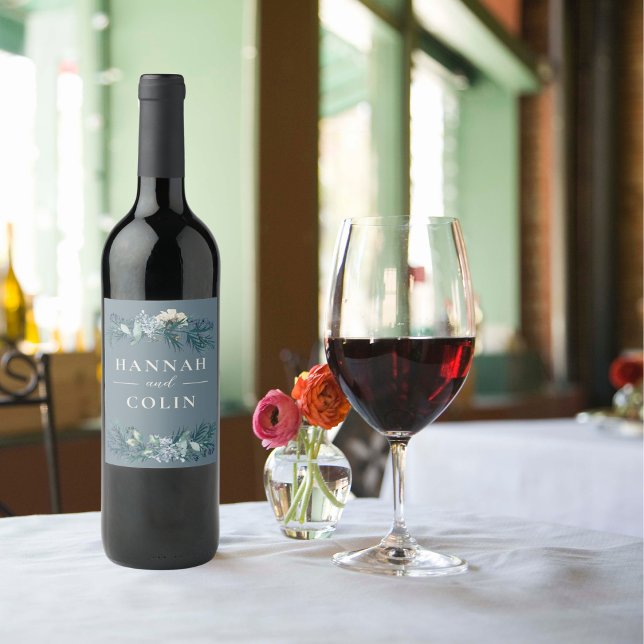 Étiquette Pour Bouteilles De Vin Mariage floral gris bleu foncé hiver (Créateur téléchargé)
