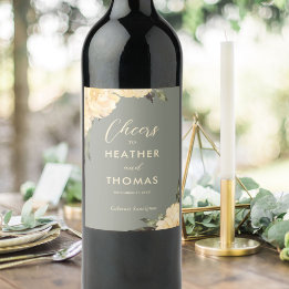 Étiquette Pour Bouteilles De Vin Mariage Floral Jaune Vert Sage moderne