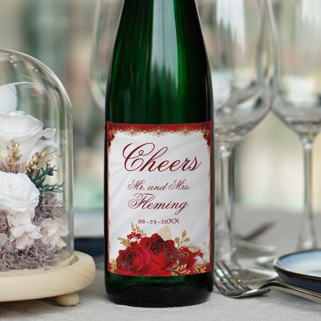 Étiquette Pour Bouteilles De Vin Mariage floral métallique rouge et or (Créateur téléchargé)
