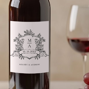 Étiquette Pour Bouteilles De Vin Mariage floral noir et blanc classique