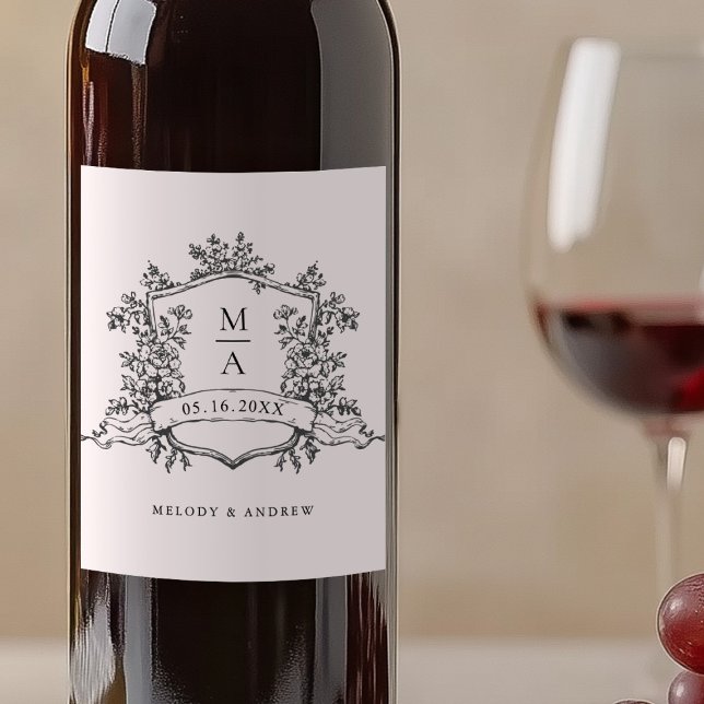 Étiquette Pour Bouteilles De Vin Mariage floral noir et blanc classique (Créateur téléchargé)