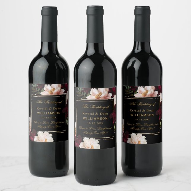 Étiquette Pour Bouteilles De Vin Mariage floral noir noir foncé Moody Bourgogne (Bouteilles)