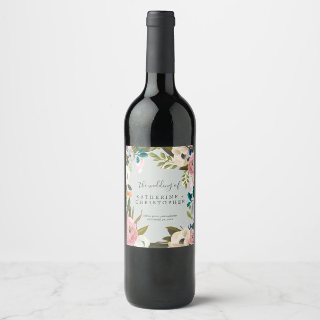 Étiquette Pour Bouteilles De Vin Mariage floral peint (Devant)
