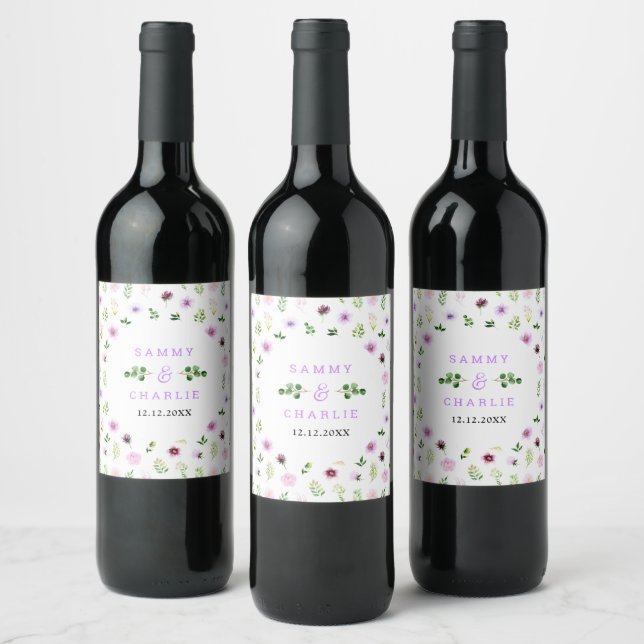 Étiquette Pour Bouteilles De Vin Mariage floral pourpre printanier (Bouteilles)