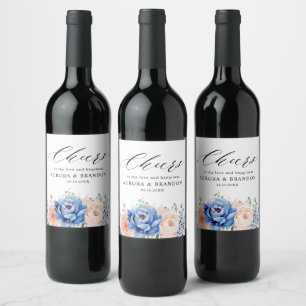 Étiquette Pour Bouteilles De Vin Mariage floral rose bleu marine