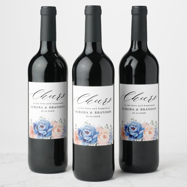 Étiquette Pour Bouteilles De Vin Mariage floral rose bleu marine (Bouteilles)