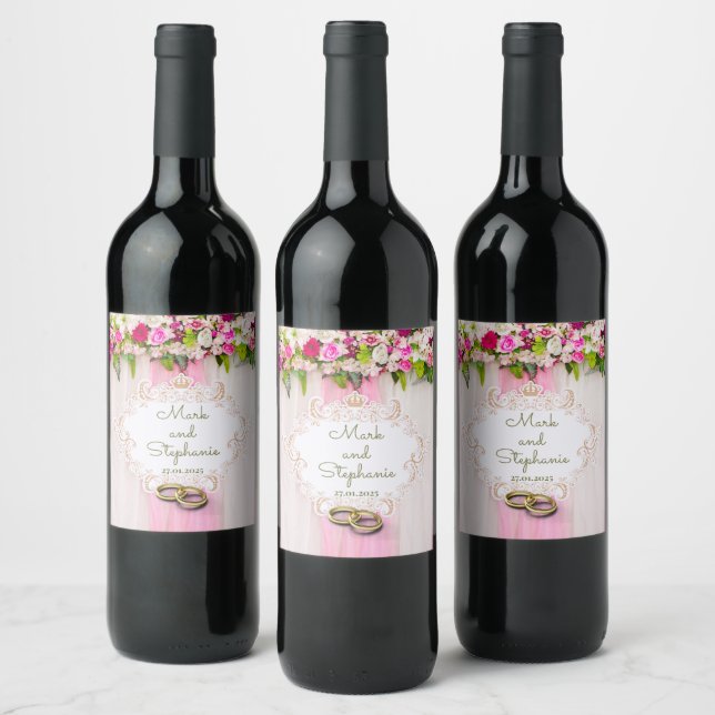 Étiquette Pour Bouteilles De Vin Mariage Floral Rose Clair Élégant  (Bouteilles)