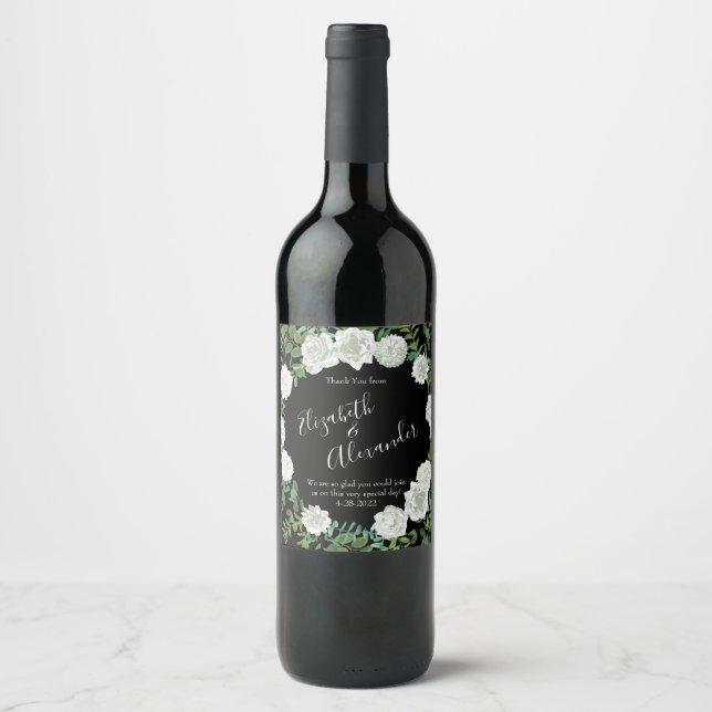 Étiquette Pour Bouteilles De Vin Mariage floral rose noire et blanche (Devant)