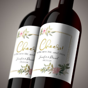 Étiquette Pour Bouteilles De Vin Mariage Floral Rose Pâle Luxuriant Aquarelle