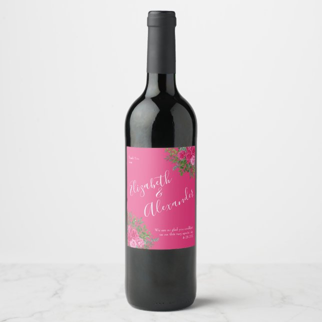 Étiquette Pour Bouteilles De Vin Mariage floral rose vif (Devant)