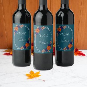 Étiquette Pour Bouteilles De Vin Mariage Floral Rustique Automne Orange Bleu Marine