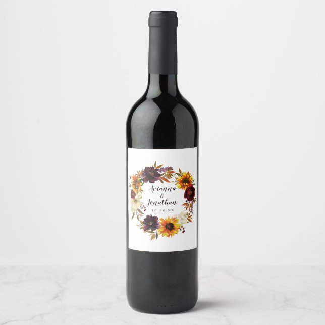 Étiquette Pour Bouteilles De Vin Mariage floral rustique d'automne (Devant)
