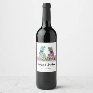 Étiquette Pour Bouteilles De Vin Mariage Gay de Dinosaures Colorés T-Rex Deux Marié