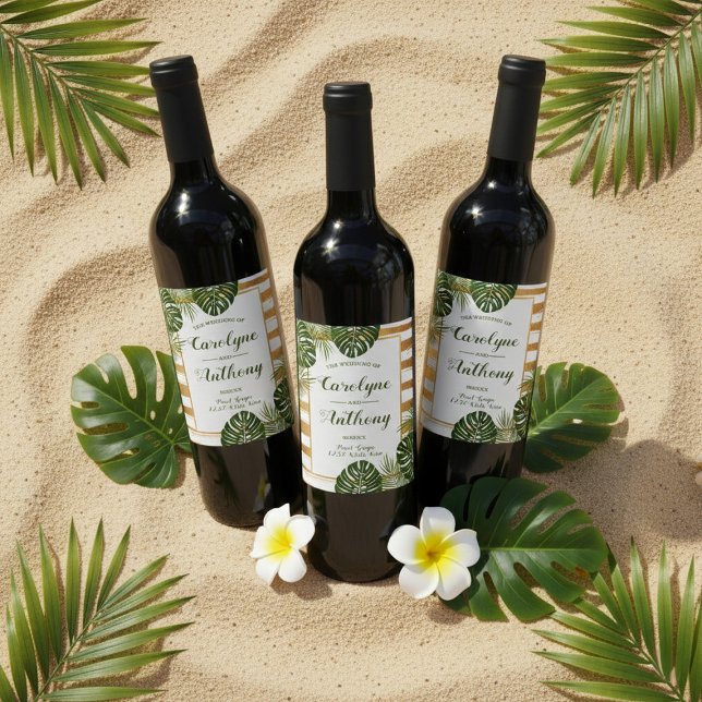 Étiquette Pour Bouteilles De Vin Mariage Gold Foil & Green Palm Leaf Beach (Créateur téléchargé)