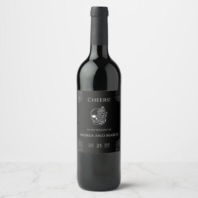 Étiquette Pour Bouteilles De Vin Mariage gothique du crâne noir et blanc (Devant)