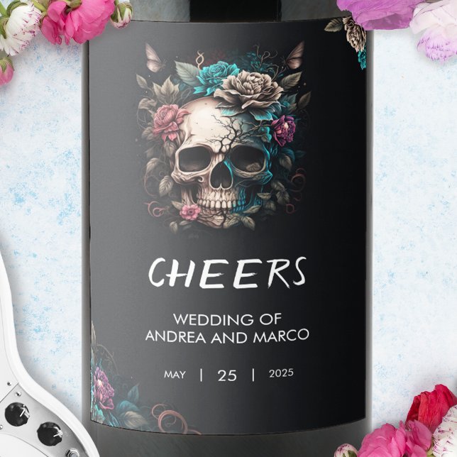 Étiquette Pour Bouteilles De Vin Mariage gothique du tatouage au crâne (Skull Tattoo Rock and Roll Gothic Wedding Wine Label)