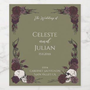 Étiquette Pour Bouteilles De Vin Mariage gothique Olive Green Skulls & Roses