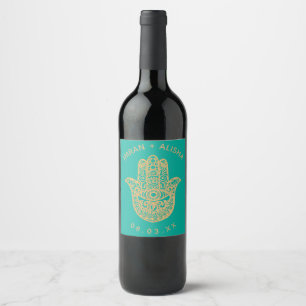 Étiquette Pour Bouteilles De Vin Mariage indien Gold hamsa Henna Étiquette de vin