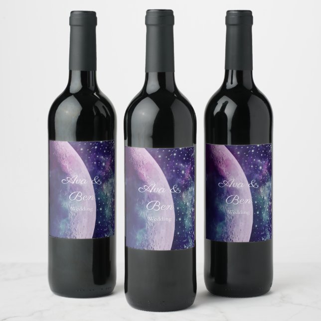 Étiquette Pour Bouteilles De Vin Mariage Lune Galaxie Violet Céleste  (Bouteilles)