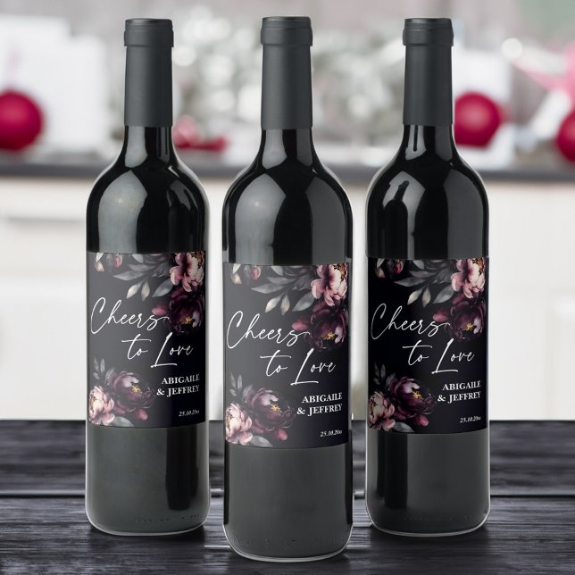 Étiquette Pour Bouteilles De Vin Mariage marionnettes de mauvaise humeur personnali (Cheers to love Wedding favors  personalized wine label dark moody peonies  wine labels)