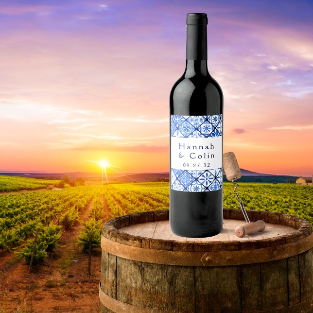 Étiquette Pour Bouteilles De Vin Mariage méditerranéen moderne en carrelage bleu (Créateur téléchargé)