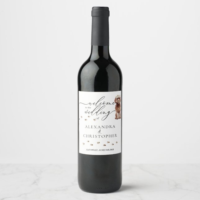 Étiquette Pour Bouteilles De Vin Mariage mignon de chien Cavapoo marron (Devant)