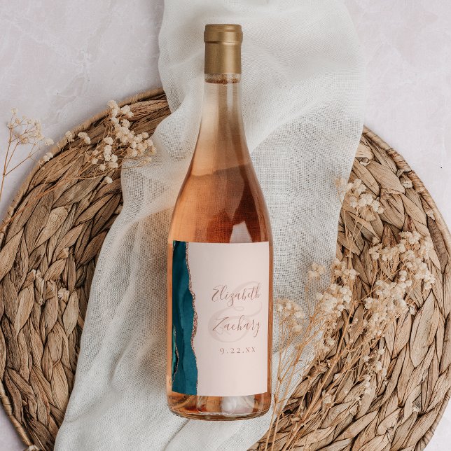Étiquette Pour Bouteilles De Vin Mariage Moderne Bleu Sarcelle Or Rose Agate Blush (Créateur téléchargé)