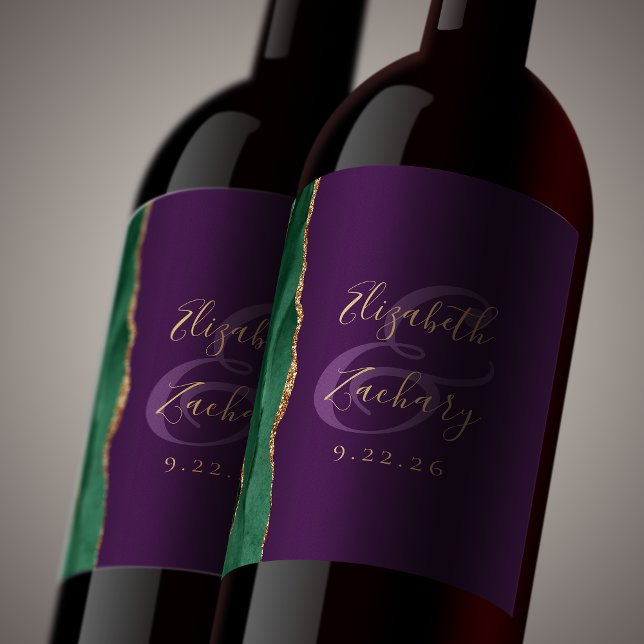 Étiquette Pour Bouteilles De Vin Mariage Moderne Émeraude Vert Or Agate Violet (Créateur téléchargé)