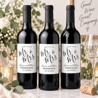 Étiquette Pour Bouteilles De Vin Mariage moderne en noir et blanc de M. et Mme